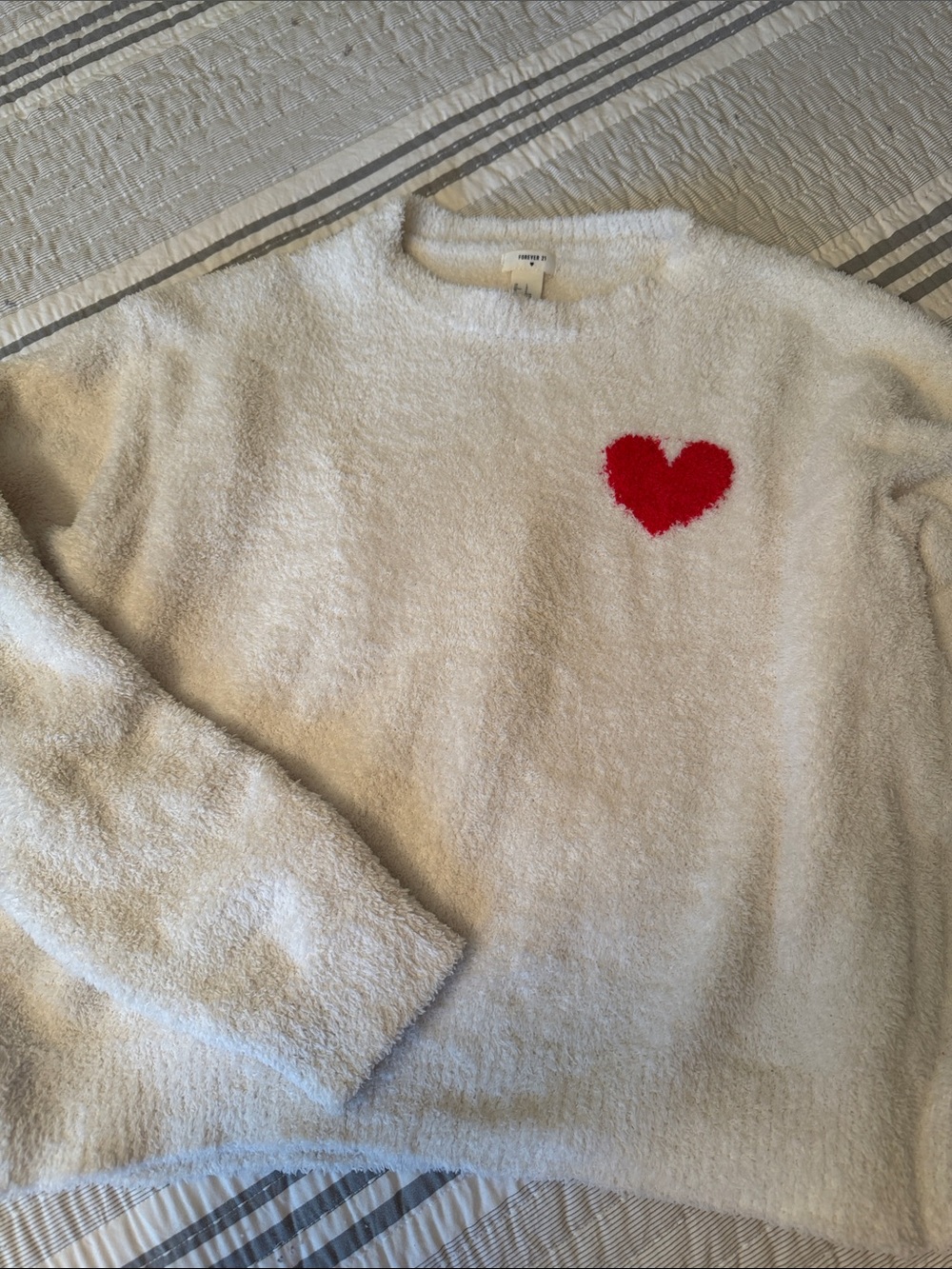 Forever 21 Cream Fuzzy Crewneck Sweater with Red Heart